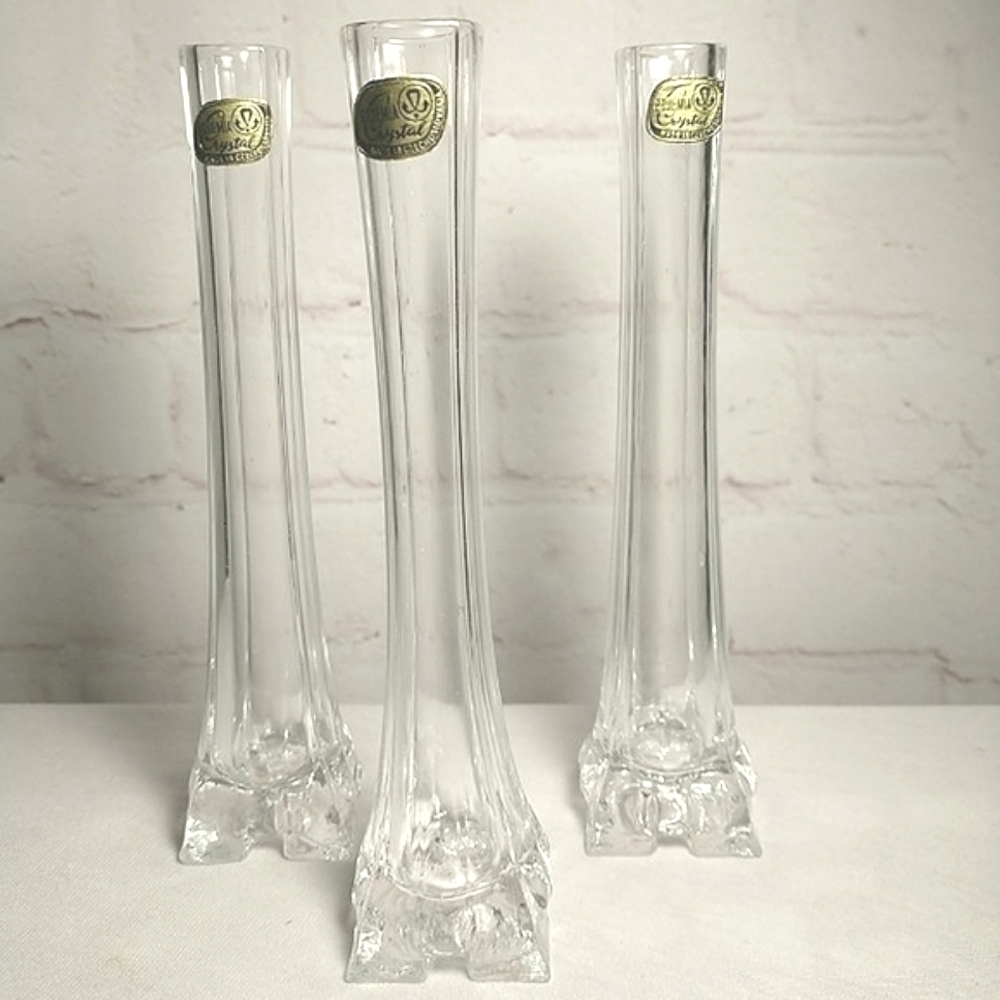 Vintage Bohemia Czech Set Of 3 Clear Crystal Glass 6” Bud Vase original Labels